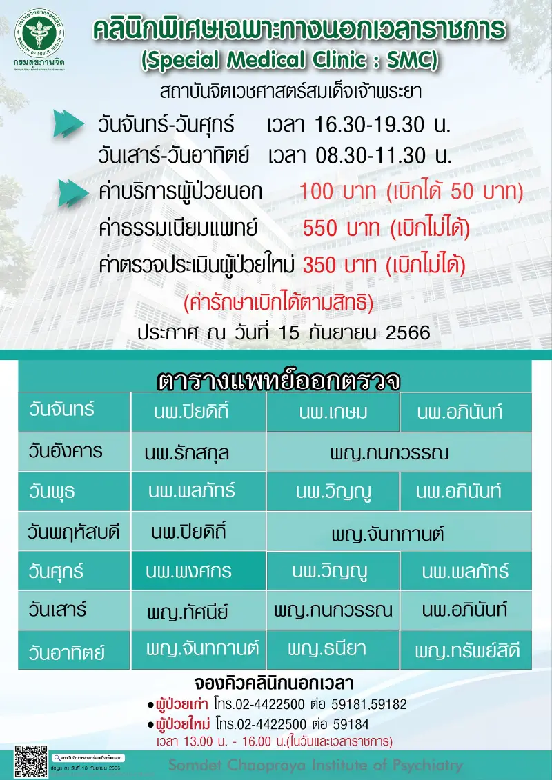 คลินิกพิเศษนอกเวลาราชการ สถาบันฯจิตเวชศาสตร์สมเด็จเจ้าพระยา HealthServ