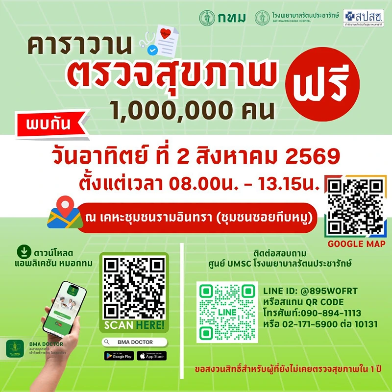 คาราวานตรวจสุขภาพ 1 ล้านคน ฟรี ที่ รพ.รัตนประชารักษ์ สิงหาคม 69 HealthServ