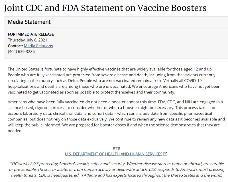 แถลงการณ์ร่วมจาก CDC และ FDA ต่อกรณีวัคซีนบูสเตอร์ HealthServ