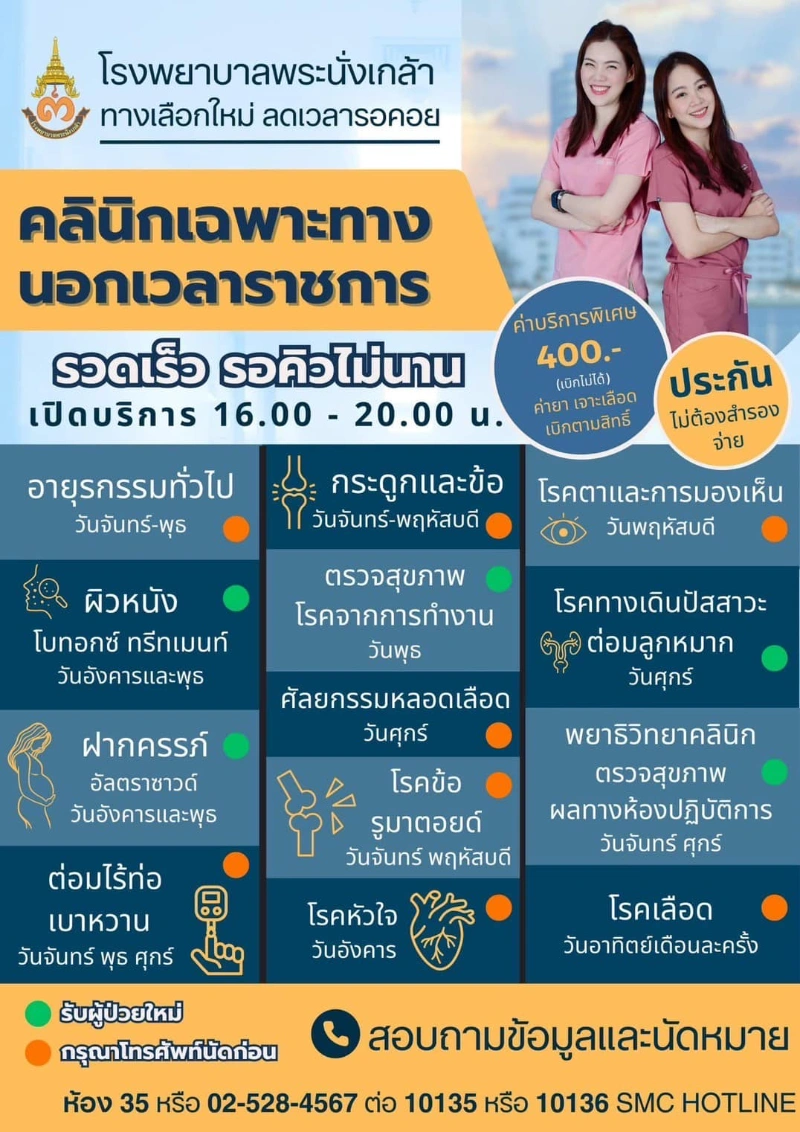 คลินิกเฉพาะทางนอกเวลา โรงพยาบาลพระนั่งเกล้า สอบถามนัดหมายที่ 02-528-4567 HealthServ