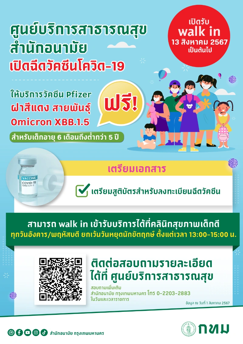 เชิญชวนผู้ปกครอง พาลูกหลาน 6 เดือนขึ้นไป ฉีดวัคซีนโควิด19 ฟรี HealthServ