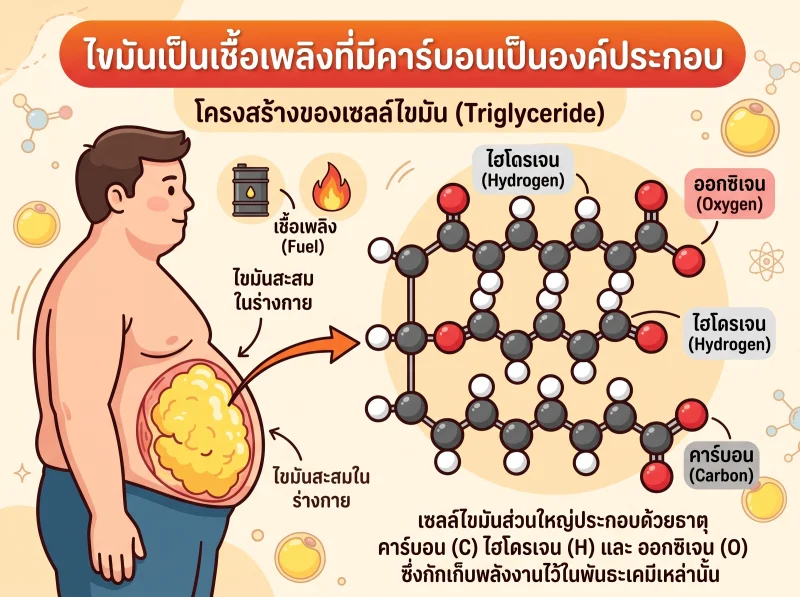 โครงสร้างของเซลล์ไขมันประกอบด้วย ธาตุไฮโดรเจน คาร์บอน และออกซิเจน ไขมันที่สะสมอยู่ในรูปของไตรกลีเซอไรด์ (Triglyceride) HealthServ