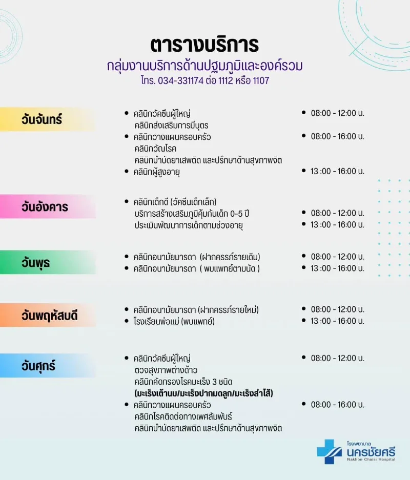 โรงพยาบาลนครชัยศรี : ตารางให้บริการกลุ่มงานปฐมภูมิองค์รวม HealthServ