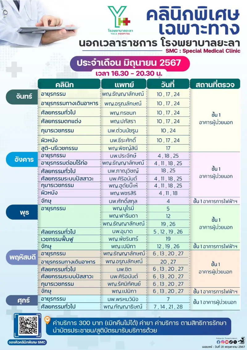 คลินิกพิเศษเฉพาะทางนอกเวลาราชการ (SMC) โรงพยาบาลยะลา HealthServ