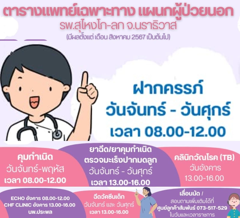 ตารางแพทย์ออกตรวจ โรงพยาบาลสุไหงโก-ลก HealthServ