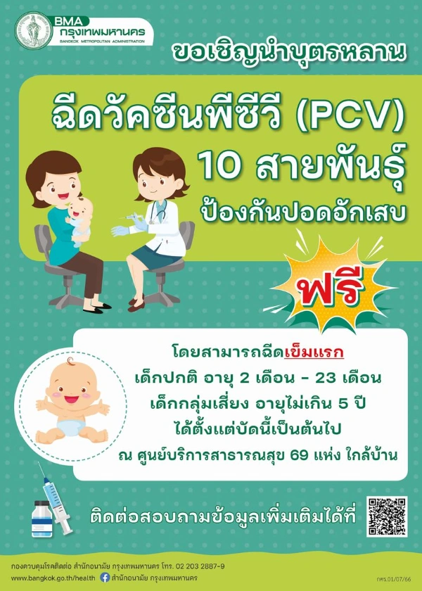 กทม.ชวนเชิญพาบุตรหลานไปฉีดวัคซีน PCV ป้องกันปอดอักเสบ ฟรี HealthServ