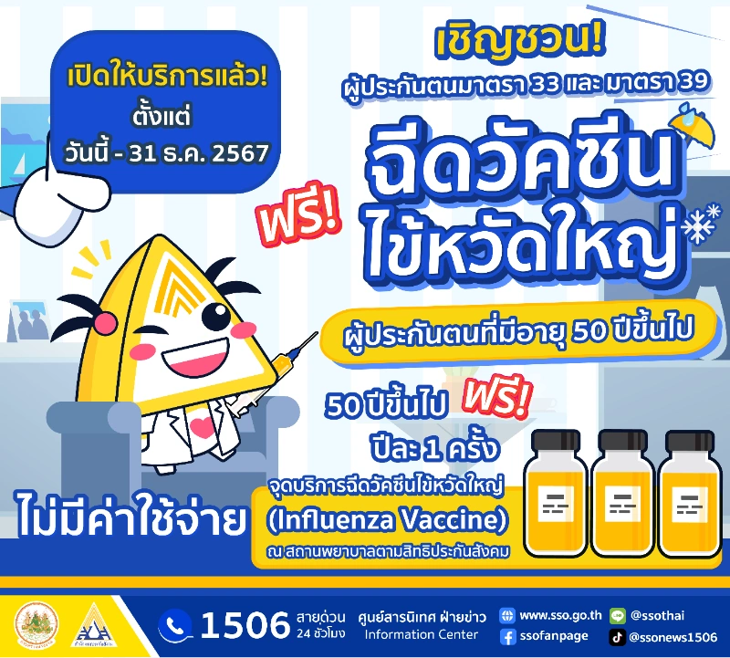 ผู้ประกันตน ม.33, 39 อายุ 50 ปีขึ้นไป ฉีดวัคซีนไข้หวัดใหญ่ฟรี! ภายในธันวาคม 67 HealthServ