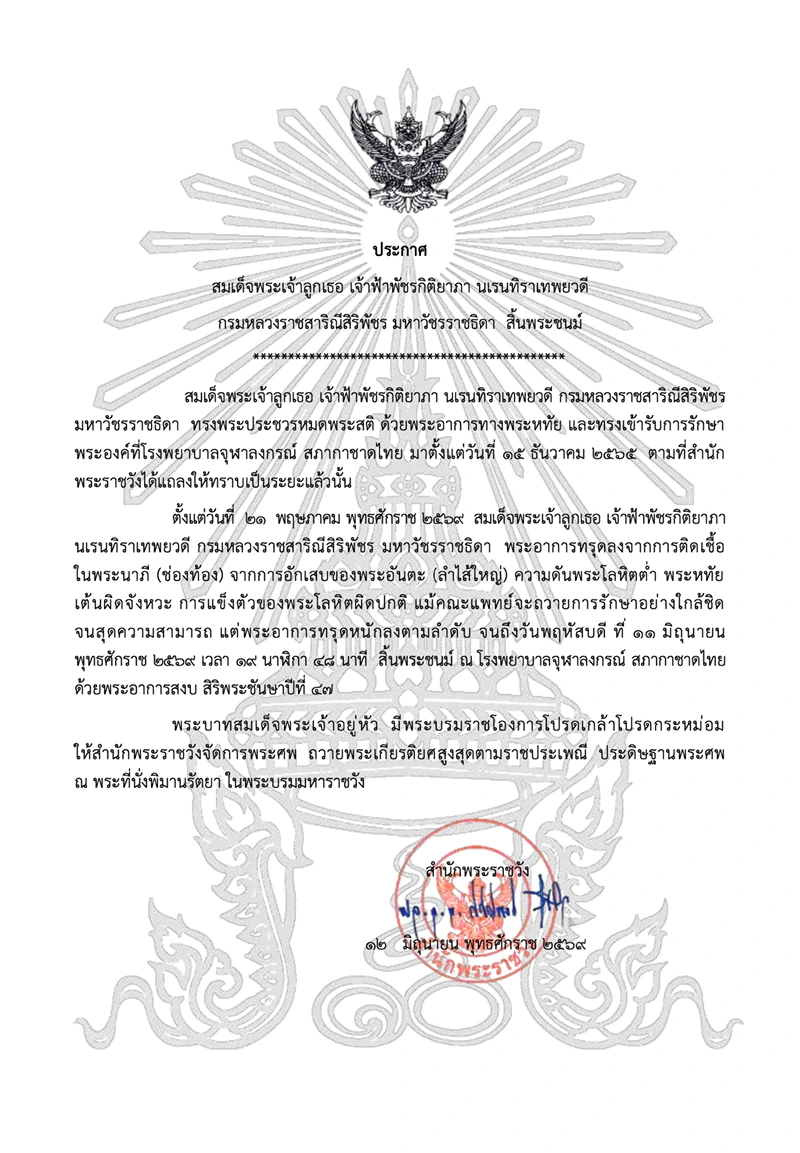 ประกาศ สมเด็จพระเจ้าลูกเธอ เจ้าฟ้าพัชรกิติยาภา นเรนทราเทพยวดี กรมหลวงราชสาริณีสิริพัชร มหาวัชรราชธิดา สิ้นพระชนม์ HealthServ