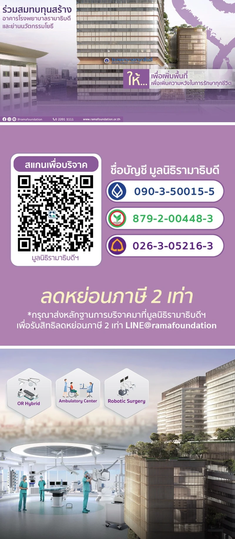 สนับสนุนมูลนิธิรามาธิบดีฯ ระดมทุนสร้างโครงการอาคารโรงพยาบาลรามาธิบดีและย่านนวัตกรรมโยธี HealthServ