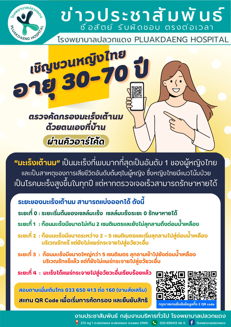 รพ.ปลวกแดง ชวนหญิงไทยตรวจคัดกรองมะเร็งเต้านมด้วยตนเองที่บ้าน ผ่านคิวอาร์โค้ด  Healthserv.net