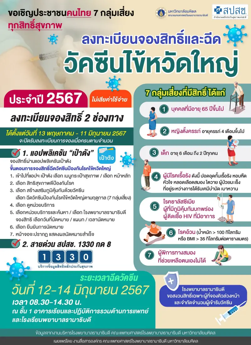 รามาฯ ชวนคนไทย 7 กลุ่มเสี่ยง ทุกสิทธิ์สุขภาพ จองสิทธิ์ฉีดวัคซีนไข้หวัดใหญ่ปี 2567 (ไม่เสียค่าใช้จ่าย)  Healthserv.net