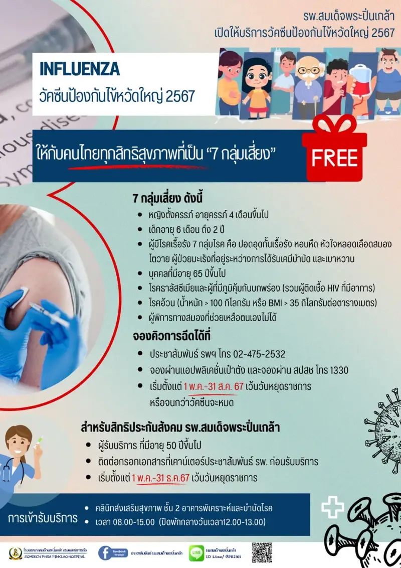 รพ.สมเด็จพระปิ่นเกล้า พร. วัคซีนป้องกันไข้หวัดใหญ่ 2567 สำหรับคนไทยทุกสิทธิ์สุขภาพ 7กลุ่มเสี่ยง Healthserv.net
