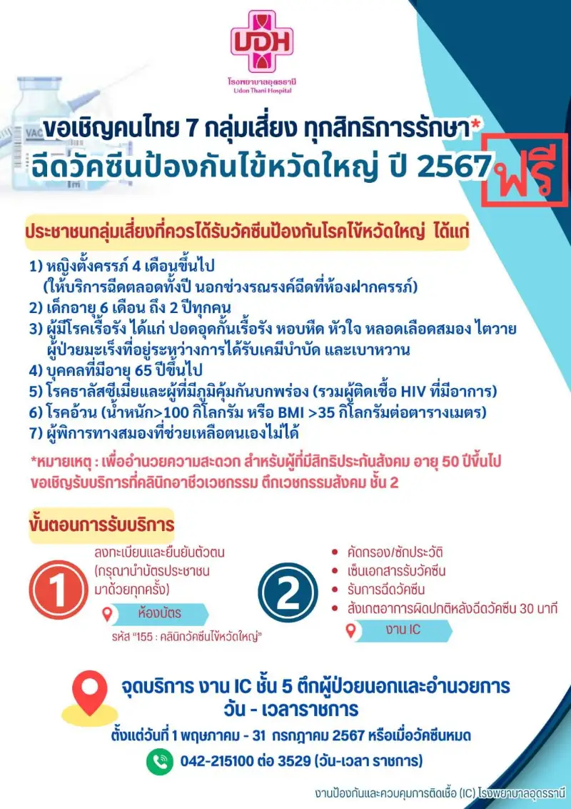 รพ.อุตรธานี  เชิญคนไทย 7 กลุ่มเสี่ยง ทุกสิทธิ ฉีดวัคซีนป้องกันไข้หวัดใหญ่ ปี 2567 Healthserv.net