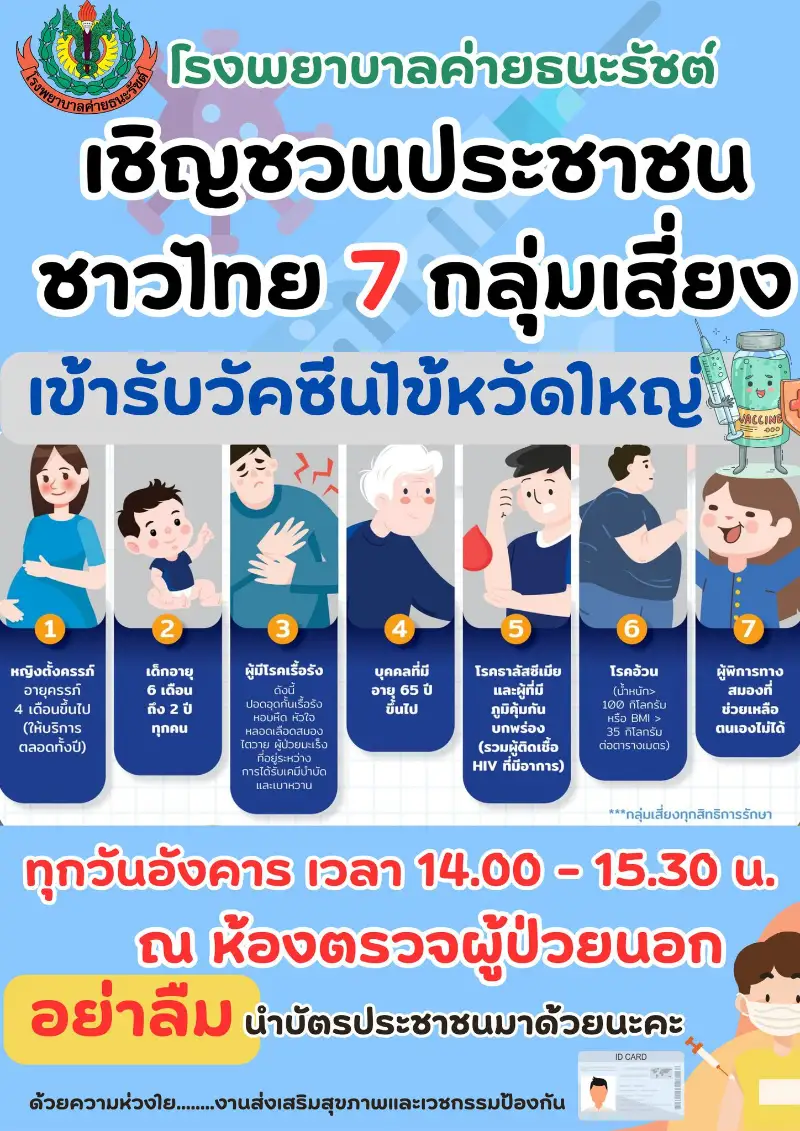 รพ.ค่ายธนะรัชต์ เชิญชวนประชาชน 7 กลุ่มเสี่ยงฉีดวัคซีนไข้หวัดใหญ่ ฟรี Healthserv.net