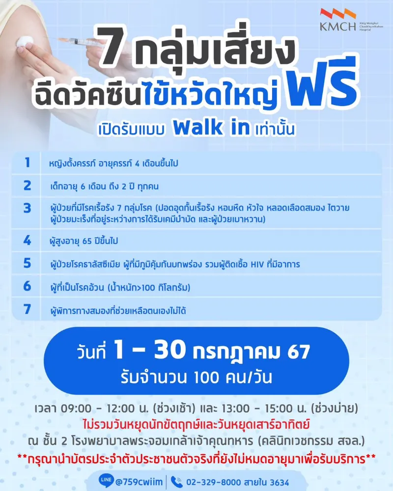 รพ.พระจอมเกล้าเจ้าคุณทหาร KMCH วัคซีนไข้หวัดใหญ่ 7 กลุ่มเสี่ยงฉีด ฟรี Healthserv.net