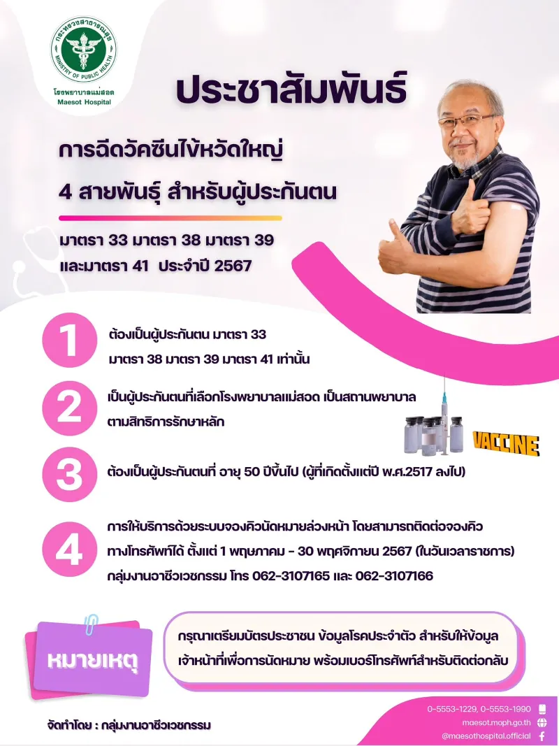 รพ.แม่สอด แจ้งผู้ประกันตนเข้ารับวัคซีนไข้หวัดใหญ่ 4 สายพันธุ์ ปี 2567  Healthserv.net